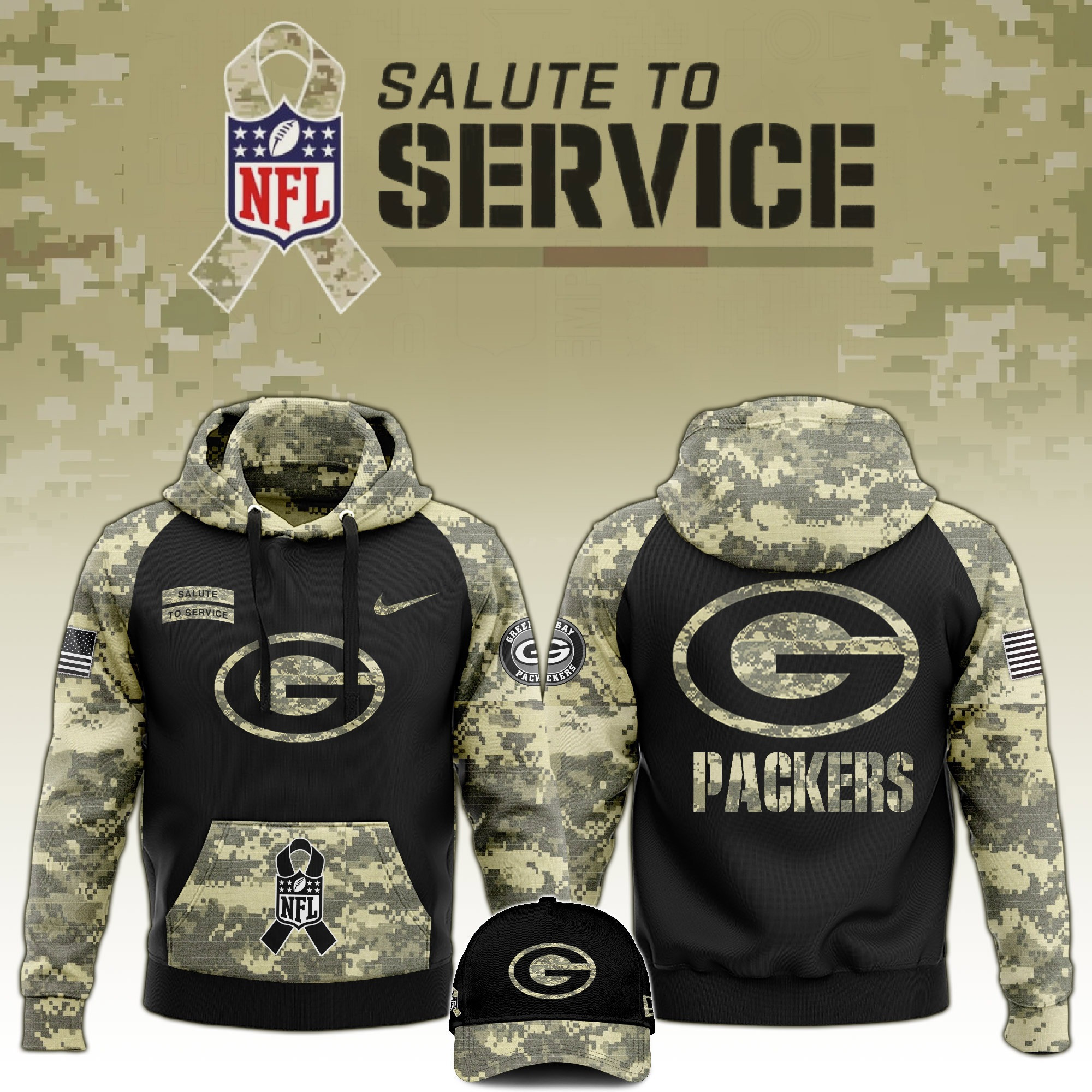 Green Bay Packers Salute to Service Club Limited Camo Hoodie And Hat Best Packers Gift For Football Lover