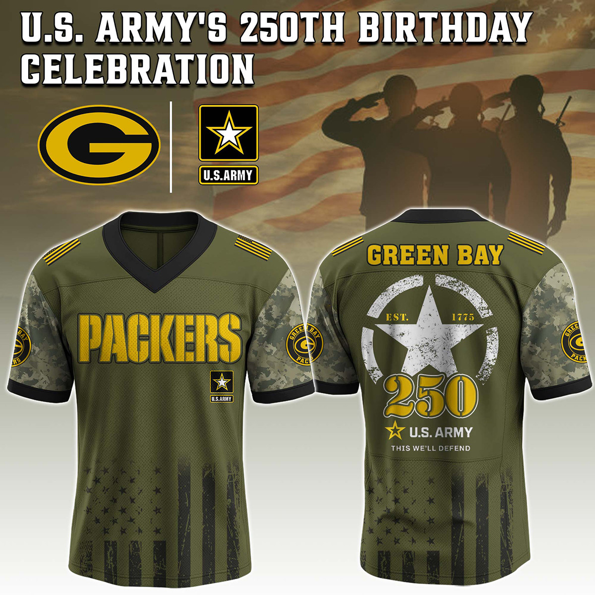Green Bay Packers US Army 250th Anniversary Football Jersey V-Neck Gift For Packers Fans