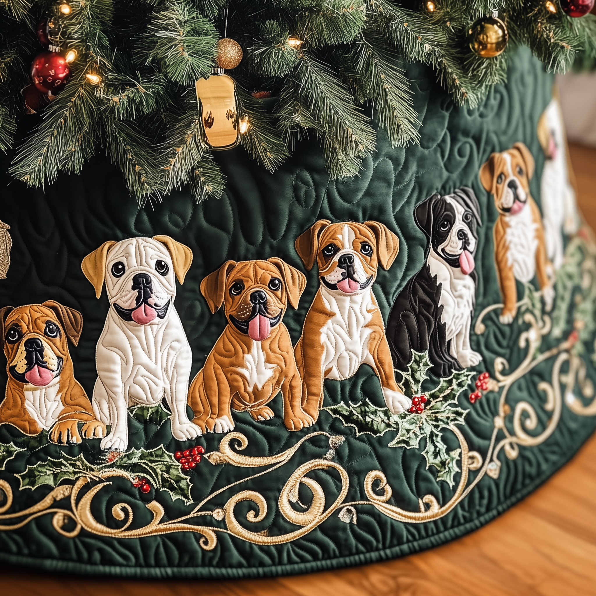 Green Bulldog Christmas Tree Skirt Quilted Handmade Pet Holiday Decoration Gift Idea