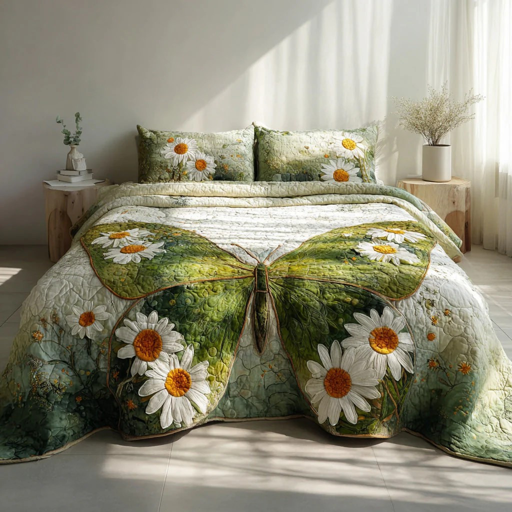 Green Butterfly Daisy 3-Piece Quilted Bedding Set Nature Floral Bedspread Best Gift For Her