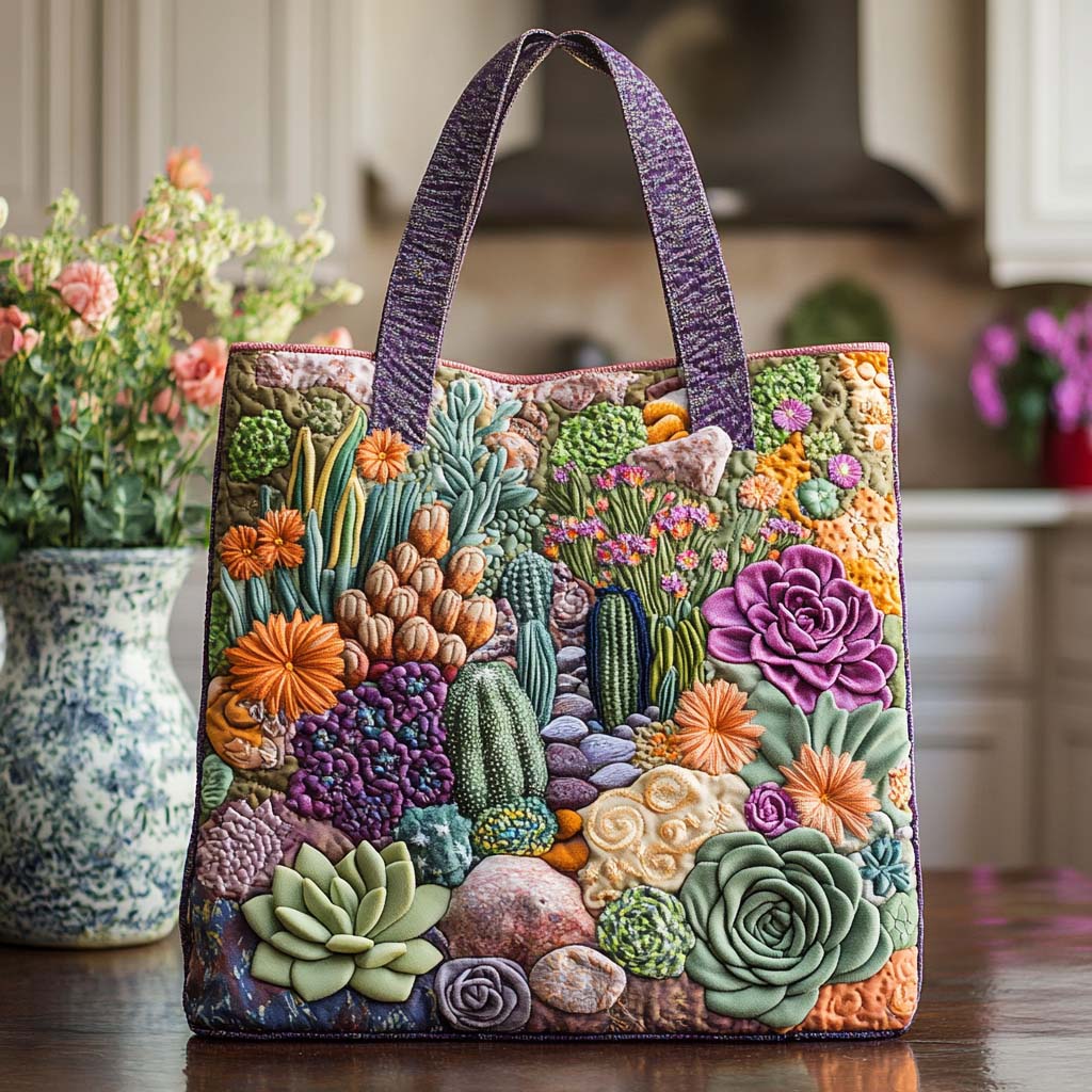 Green Cactus Charm Quilted Tote Bag Cactus Gifts For Mom Mother's Day