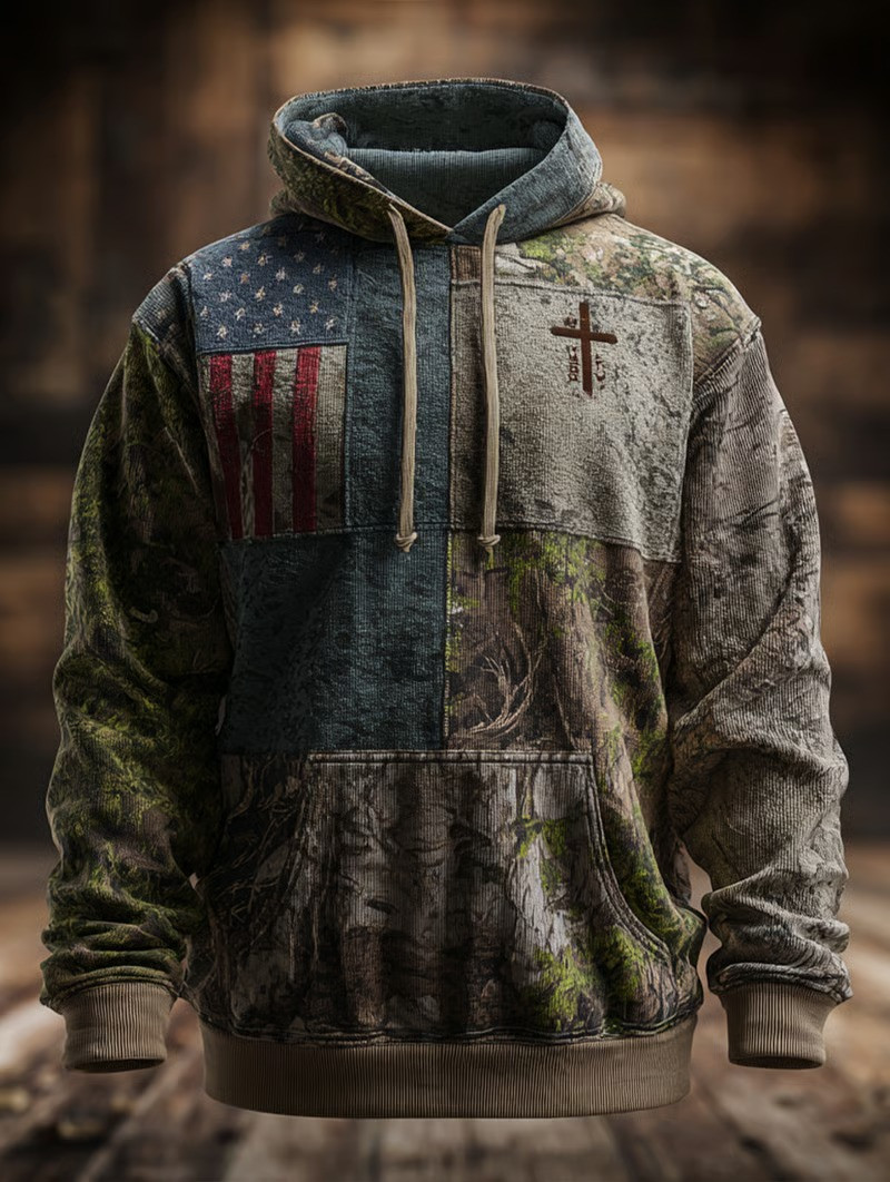 Green Camo Woodland Cross Hoodie Patriotic Christian Faith USA Apparel Best Gift For Hunters Ideas