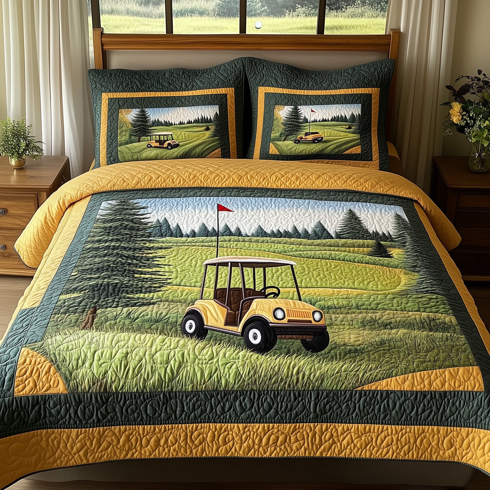 Green Escape Quilted Bedding Set Duvet Cover Merchandise Unique Golf Presents