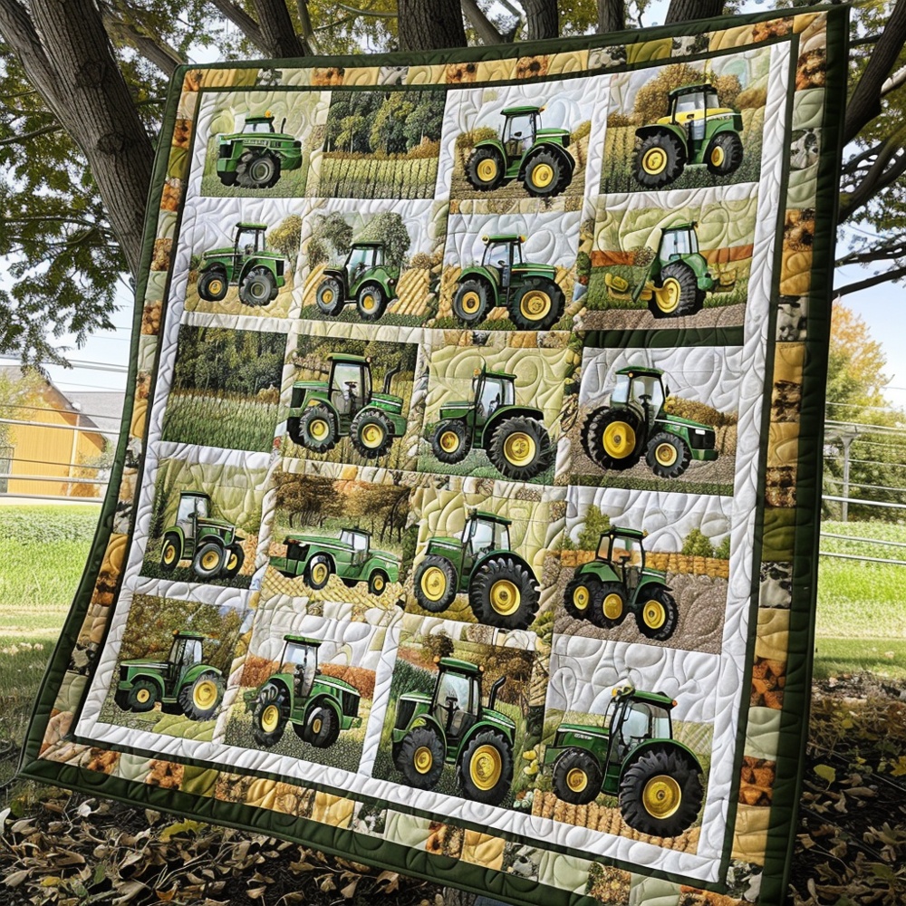 Green Farm Tractor Quilted Blanket Country Farmer Life Patchwork Throw Blanket Best Gift For Farmers