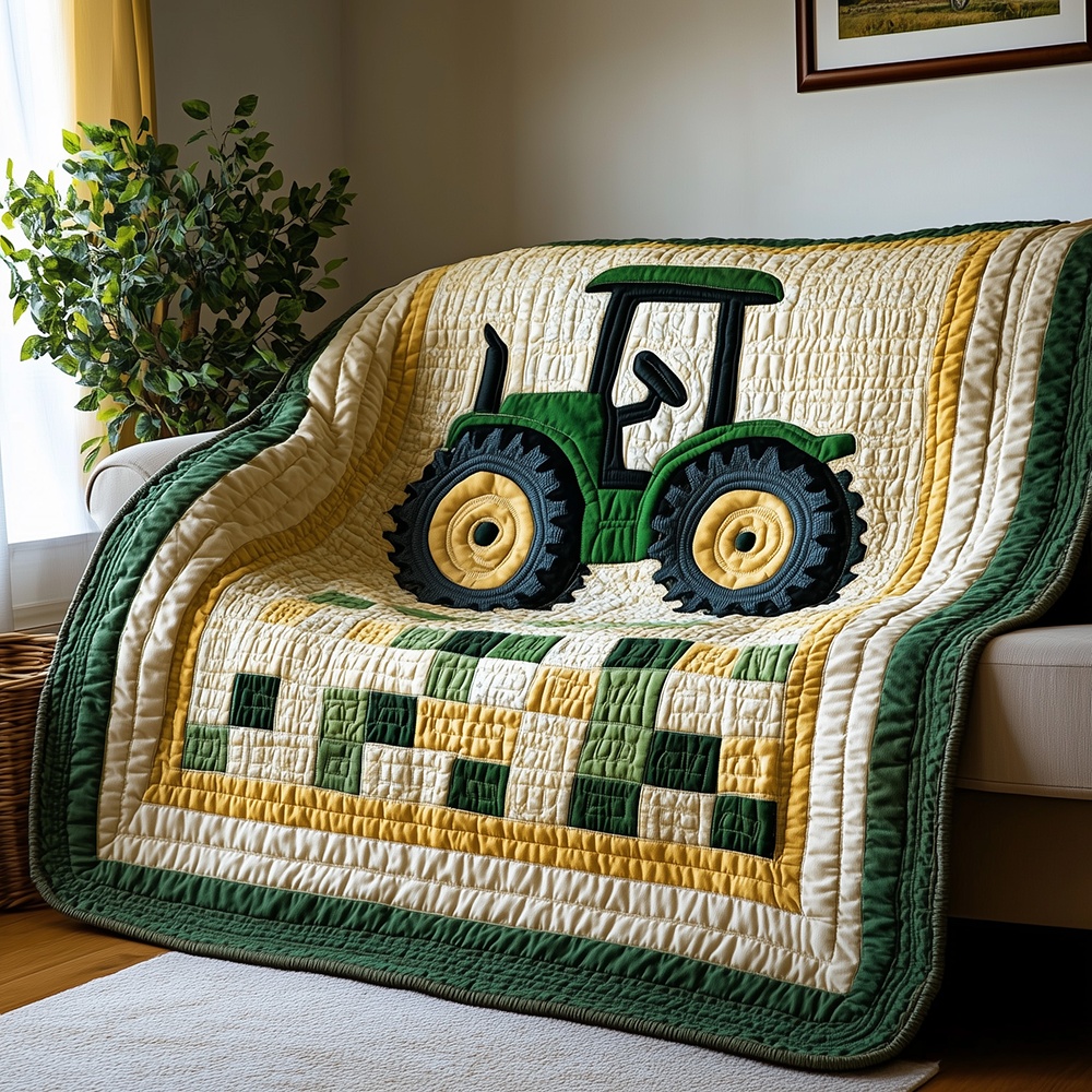 Green Farm Tractor Quilted Blanket Country Life Graphic Art Cozy Throw Best Gift For Farmers And Kids