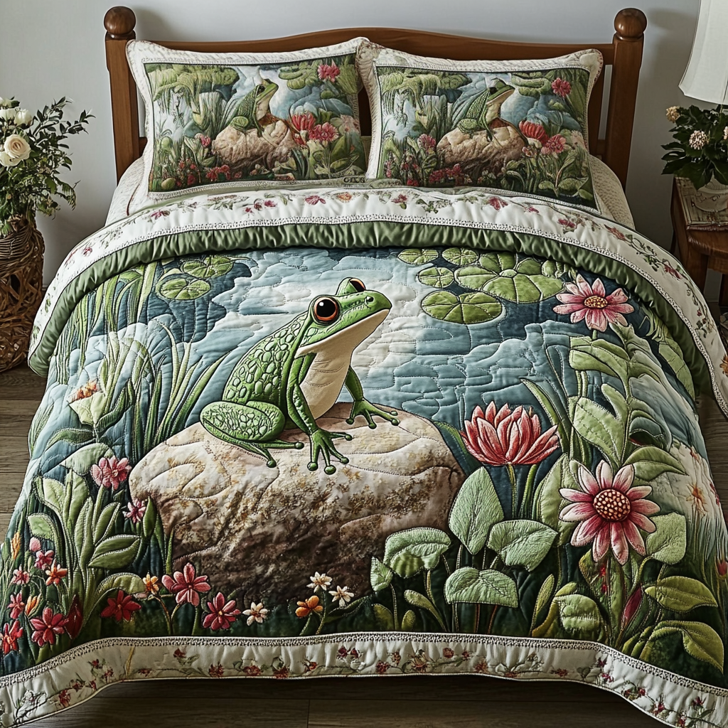 Green Frog Quilted Bedding Set Bed Decorations Cool Frog Gifts