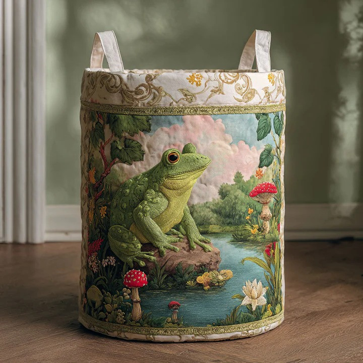 Green Frog Quilted Laundry Basket Cute Amphibian Home Storage Organizer Best Gift For Frog Lovers