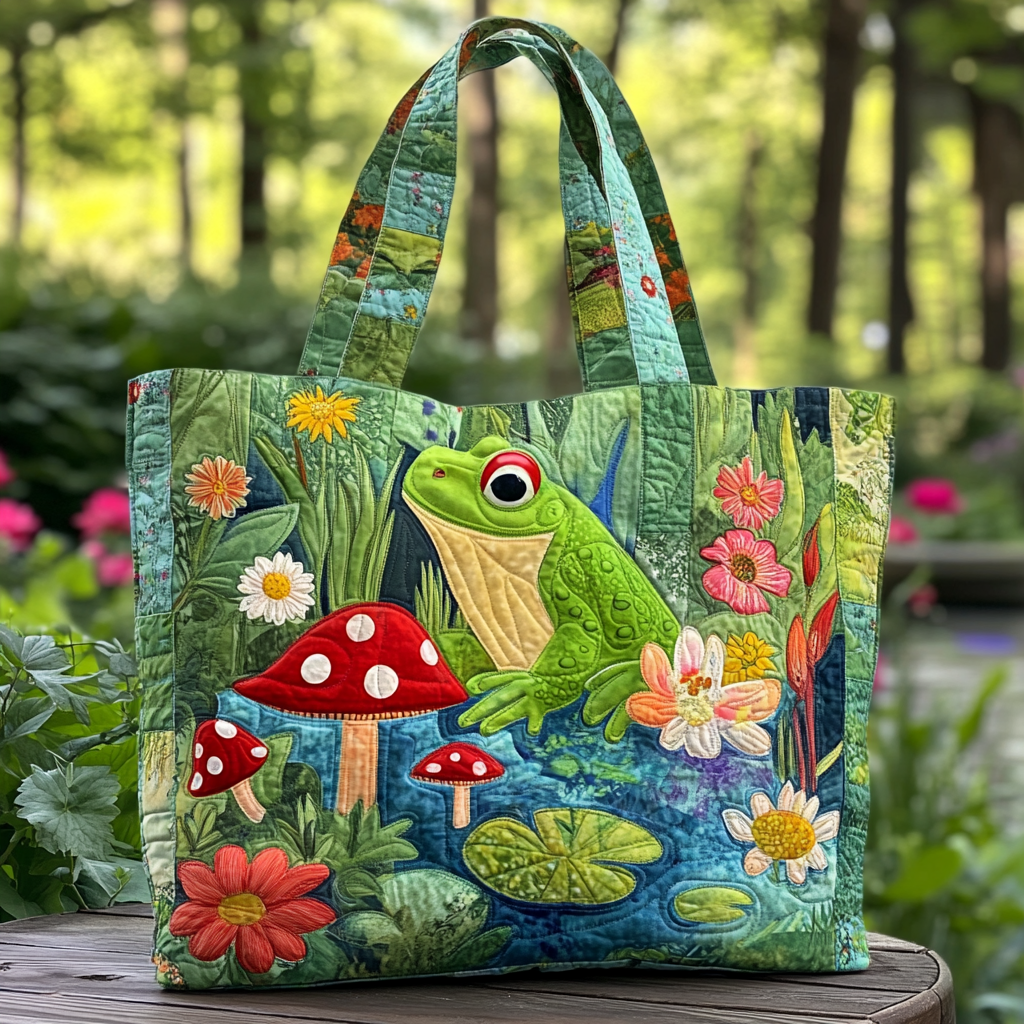 Green Frog Quilted Tote Bag Cute Frog Gifts For Her