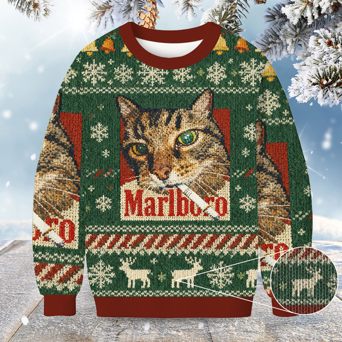 Green Funny Smoking Cat Meme Christmas Ugly Sweater Cat Themed Christmas Gifts For Pet Owners