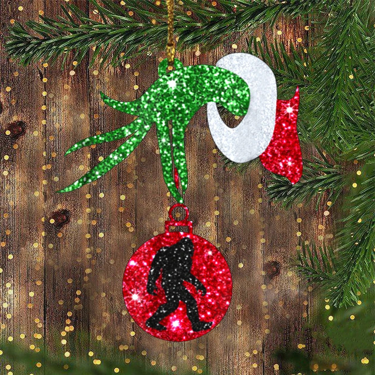 Green Hand Holding Bigfoot Sparkle Ornament Funny 2024 Christmas Outdoor Ornaments For Tree