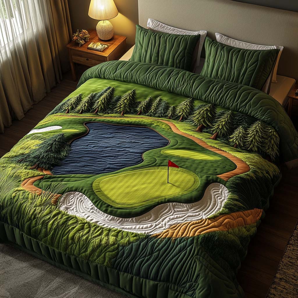 Green Horizon Golf Course Quilted Bedding Set Bed Room Decoration Mens Gifts Golf