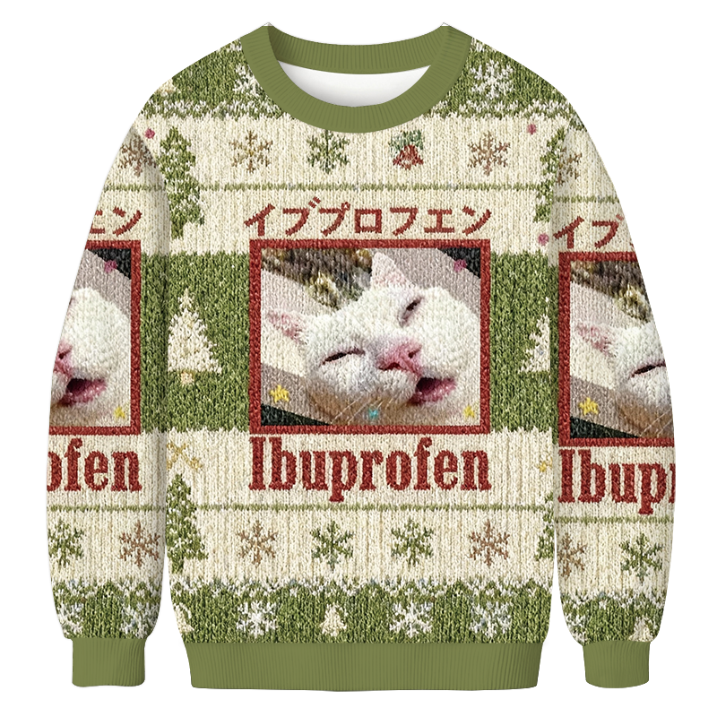 Green Ibuprofen Meme Cat Christmas Ugly Sweatshirt Christmas Gift For Friends