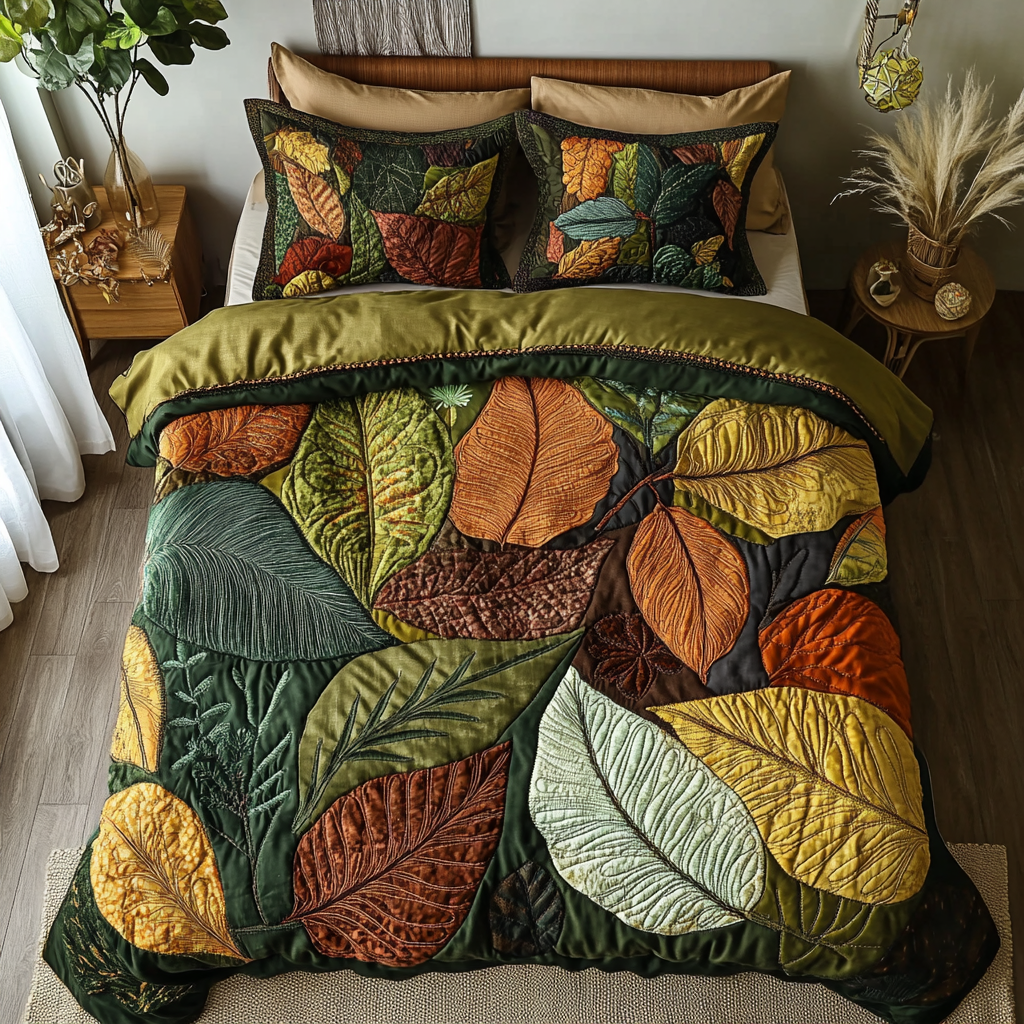 Green Leaf Quilted Bedding Set Bedroom Decorations Christmas Gifts For Nature Lovers