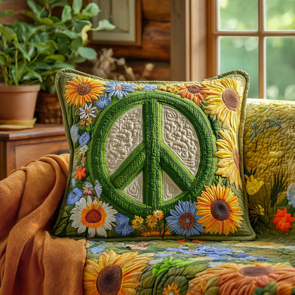 Green Meadow Harmony Quilted Pillow Case Boho Pillow Cases Birthday Gift For Hippie Friend