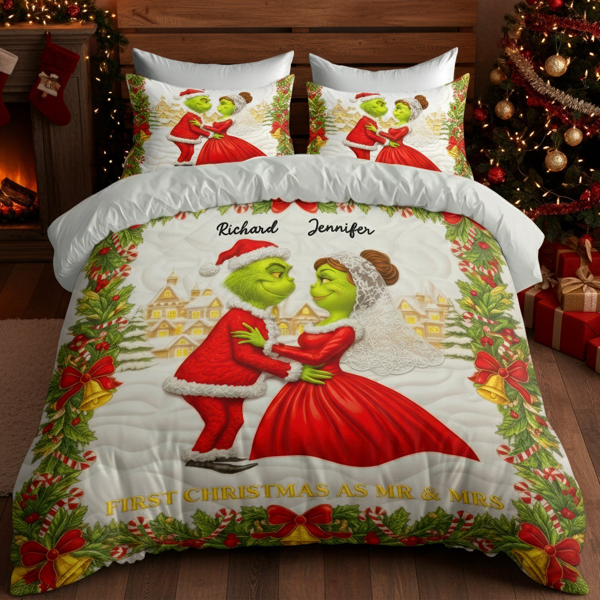 Green Monster Couple Christmas Quilt Bedding Set - Personalized Gifts For Couples - Silly Christmas Gifts For Coworkers