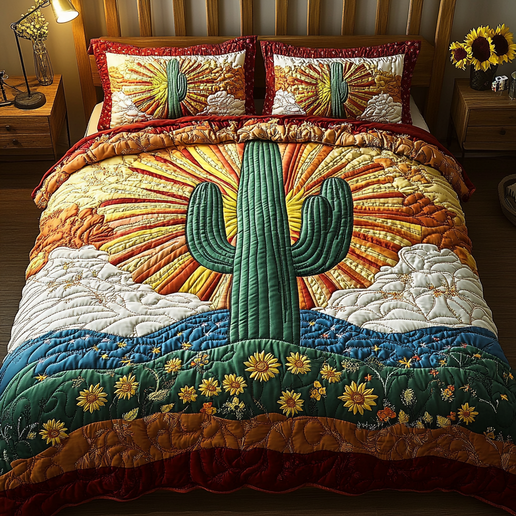 Green Oasis Quilted Bedding Set Cozy Bedroom Decor Cactus Related Gifts For Friends
