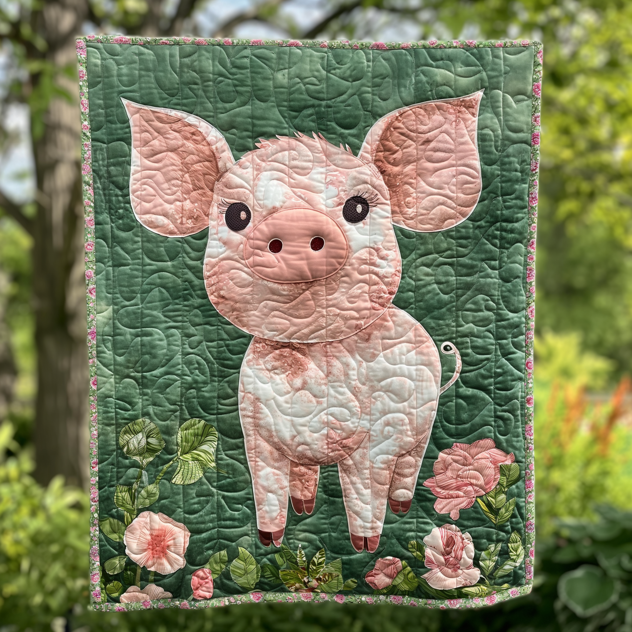 Green Pasture Pig Quilted Blanket Cute Christmas Blankets