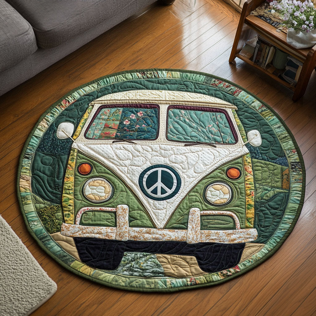 Green Peace Van Quilted Round Mat Home Front Door Design Christmas Gift For New Grandparents