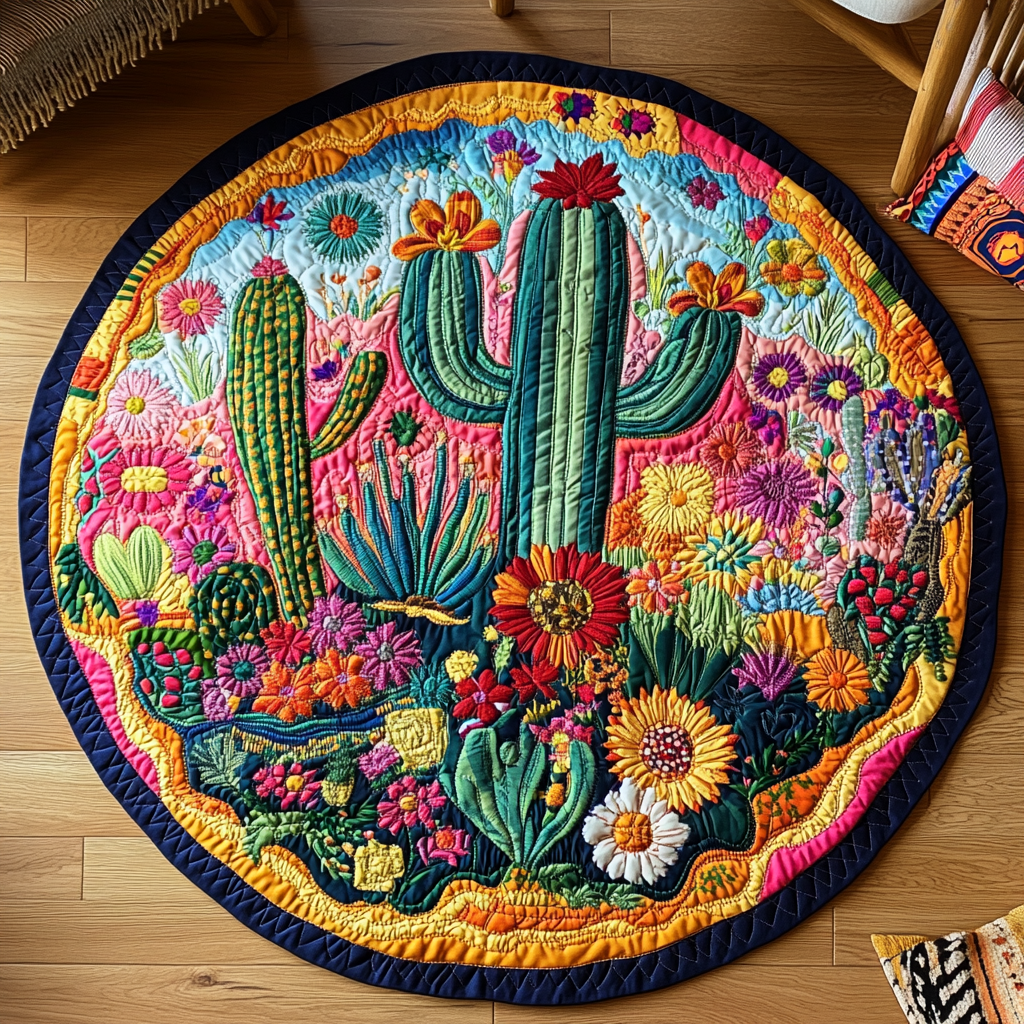 Green Quilted Round Mat Unique Front Door Decor Cactus Gifts For Him