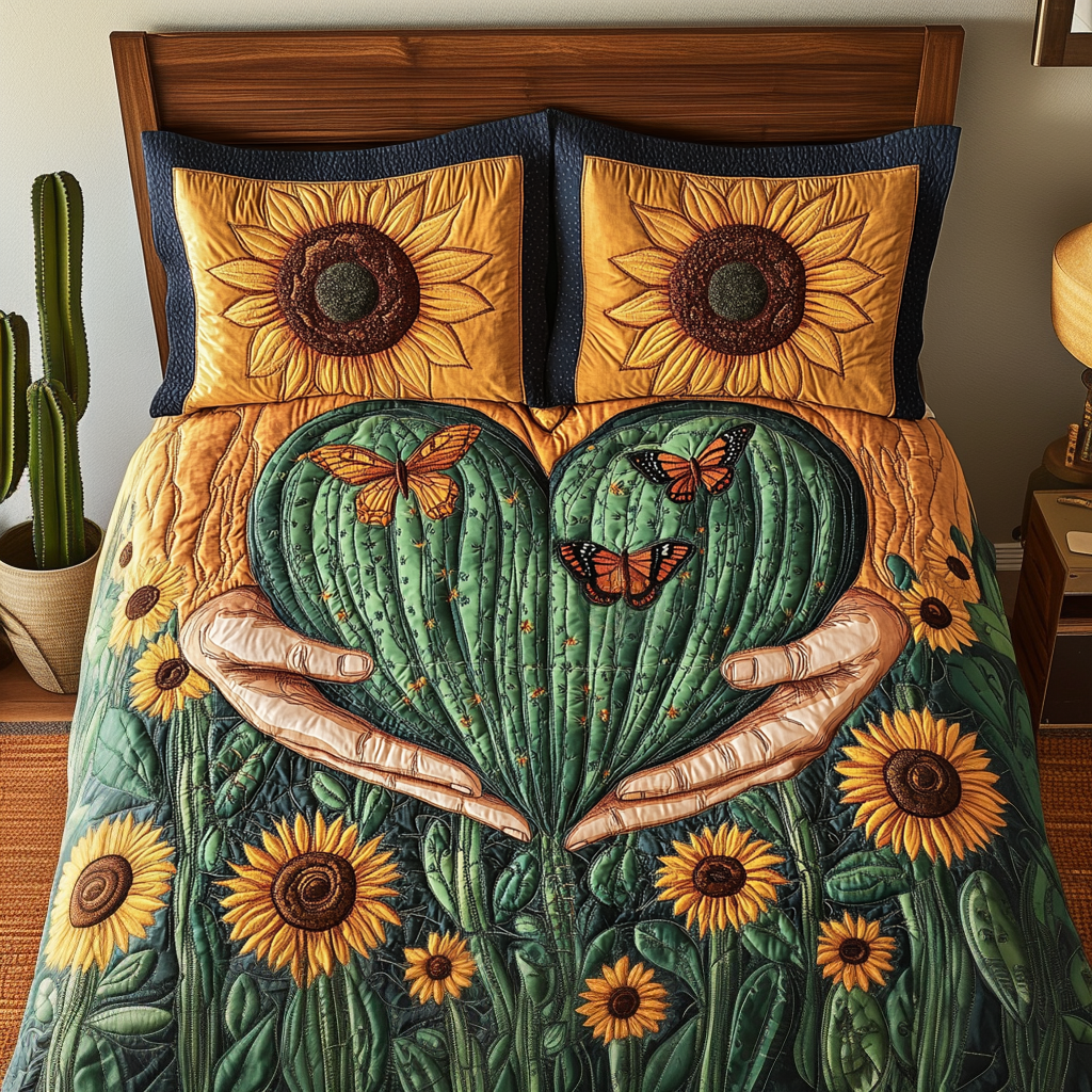 Green Romance Quilted Bedding Set Christmas Bedding Sets Cactus Housewarming Gift