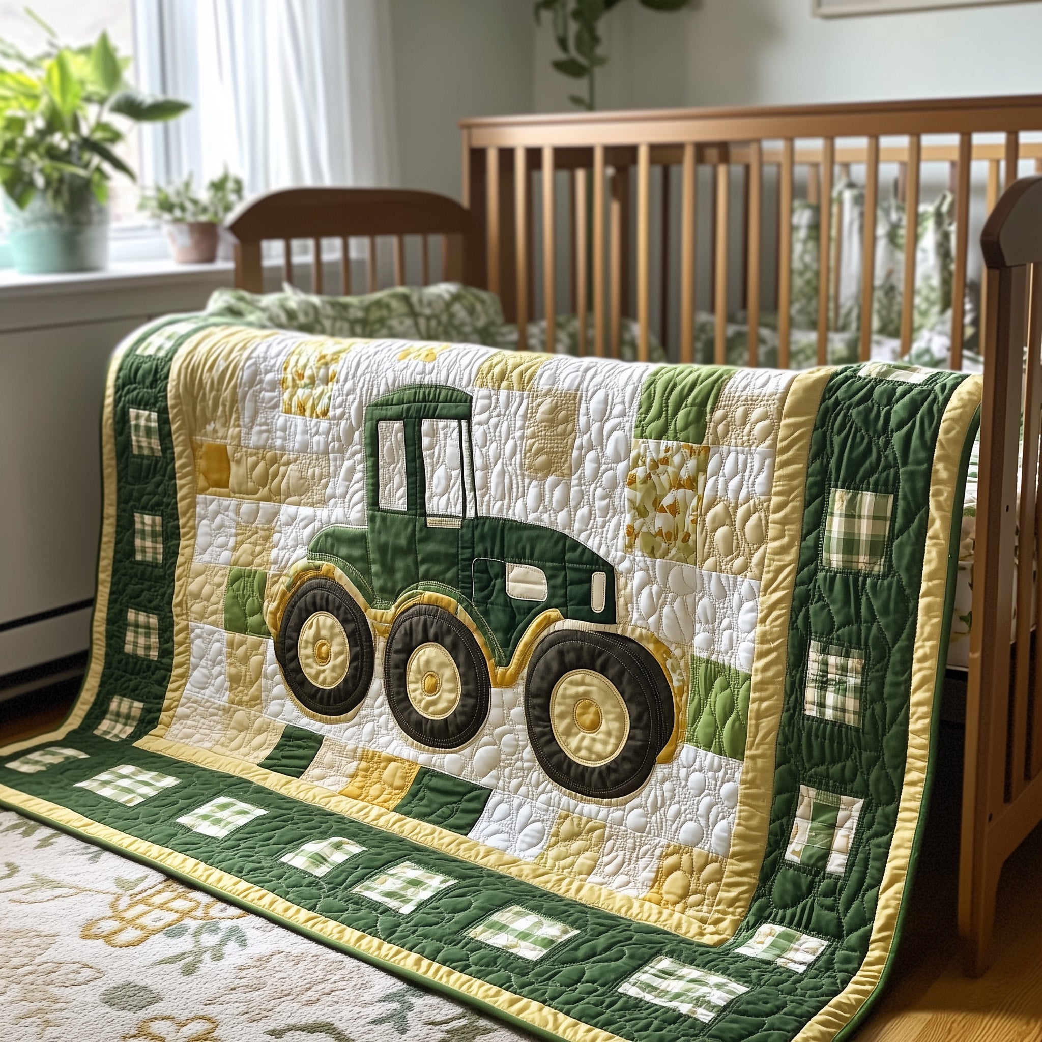 Green Tractor Baby Quilt Farm Theme Quilted Blanket For Boys Gift Idea For New Parents