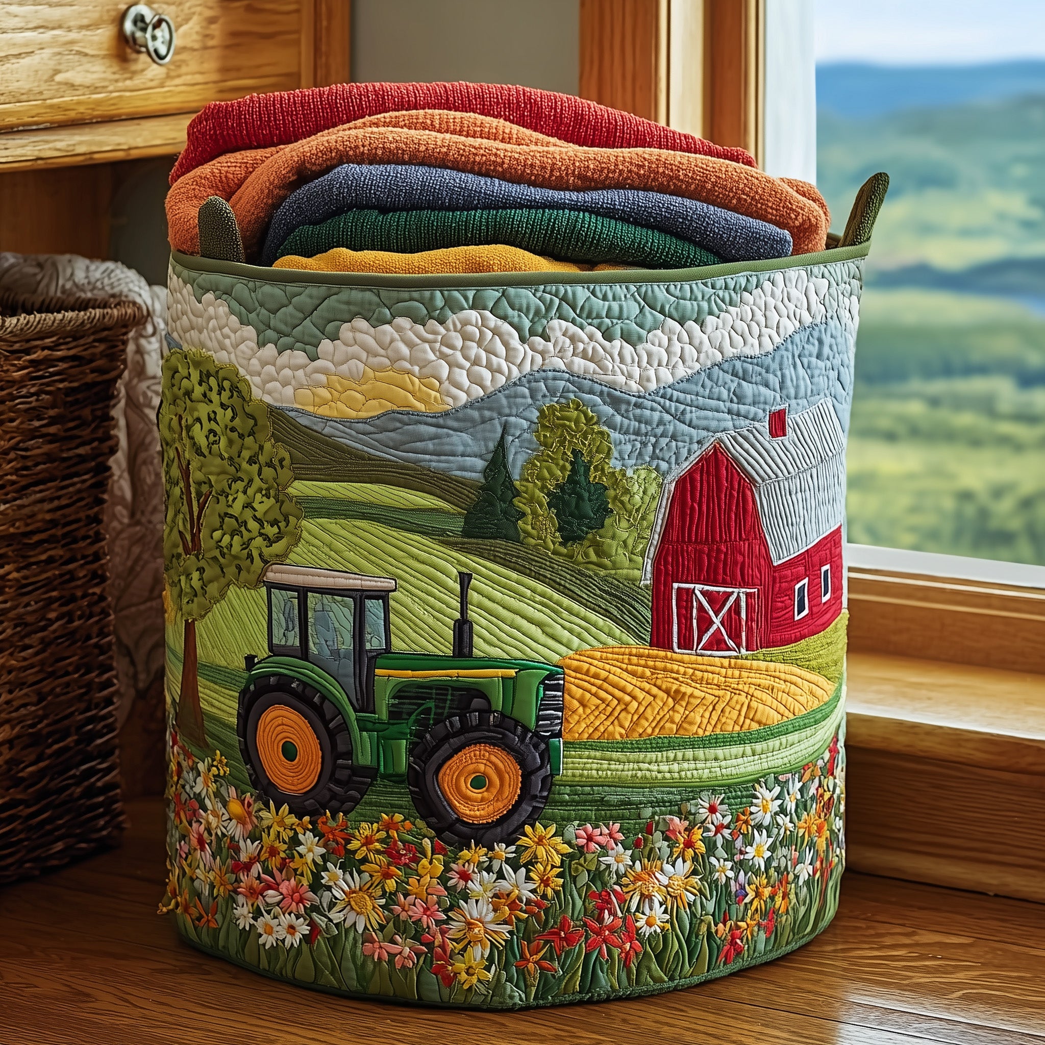 Green Tractor Dream Quilted Laundry Basket Beautiful Harvest Gift For Farmers