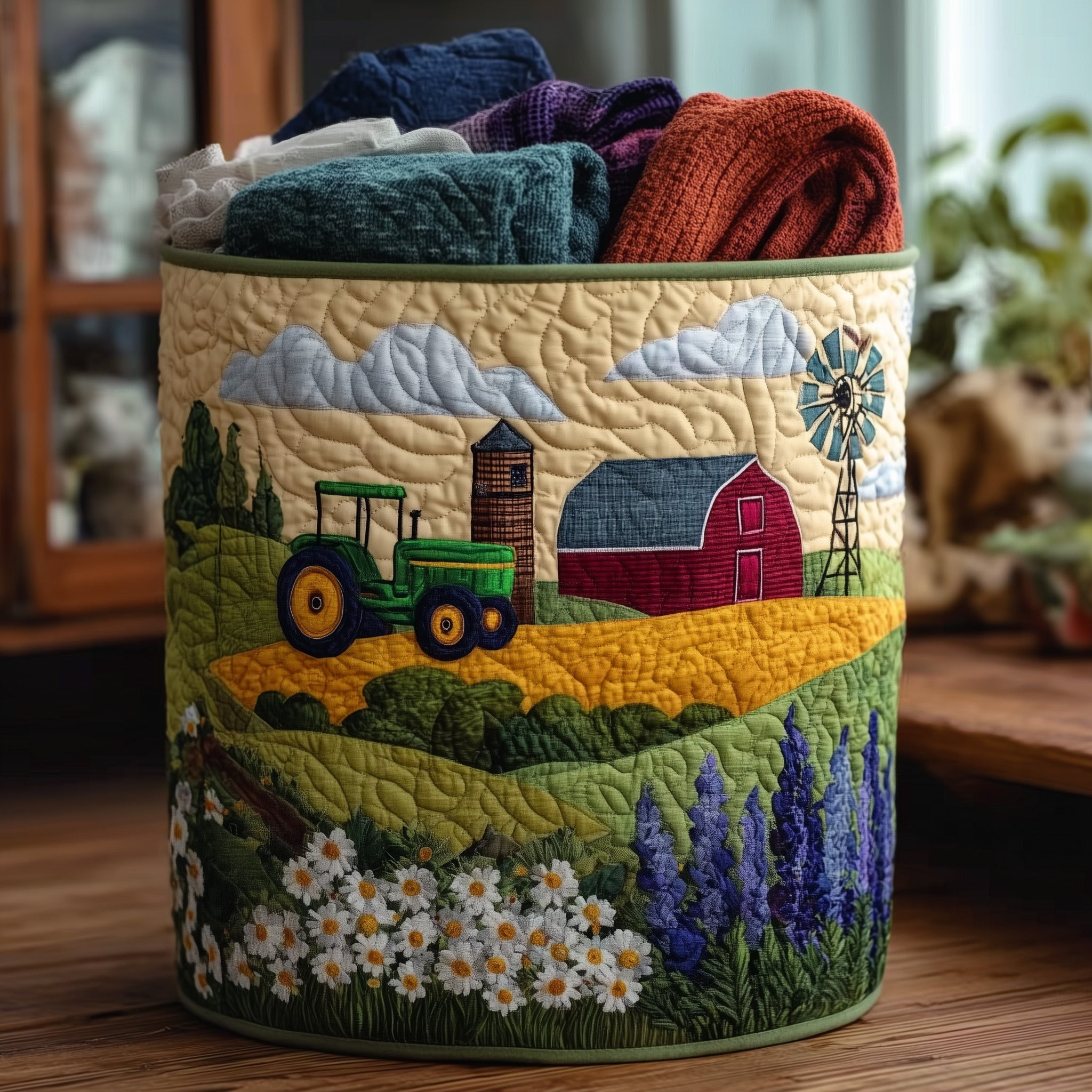 Green Tractor Dream Quilted Laundry Basket Cozy Home Decor Gifts For Farmer