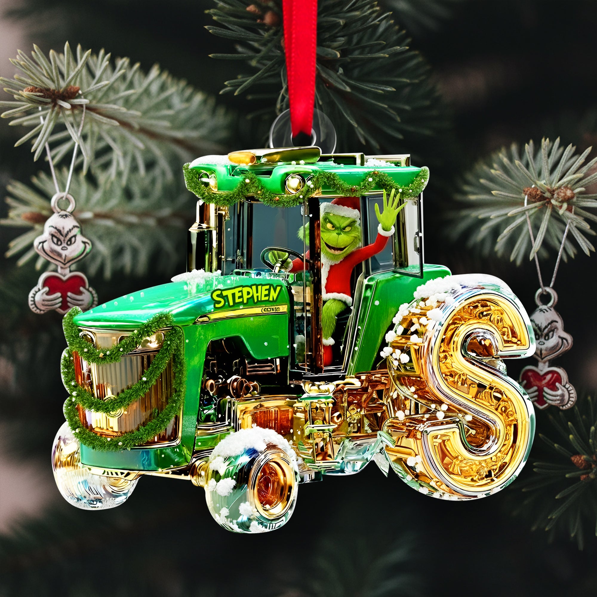 Green Tractor Initials Ornament - Personalized Christmas Gifts For Tractor Lovers - Cute Christmas Tree Gift Idea