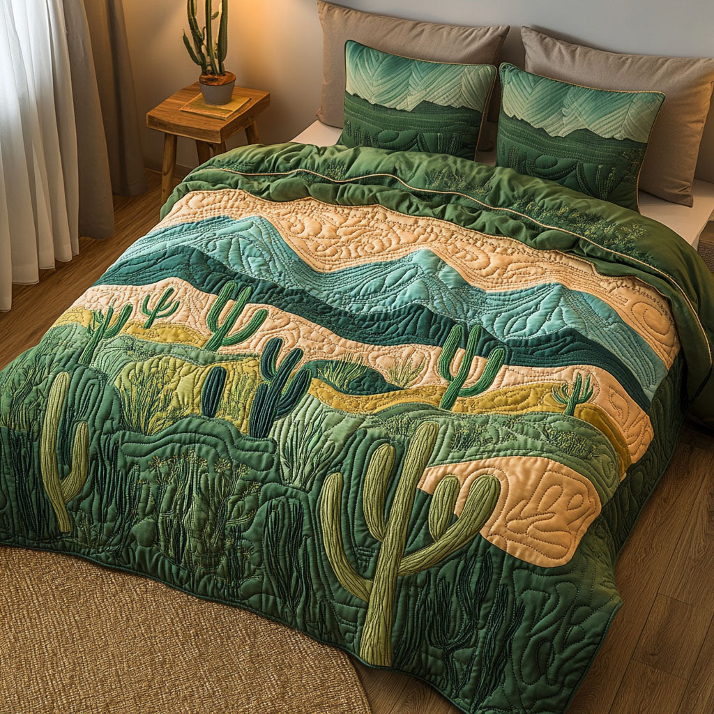 Green Valley Quilted Bedding Set Holiday Season Duvet Cover Set Cactus Related Gifts For Friends