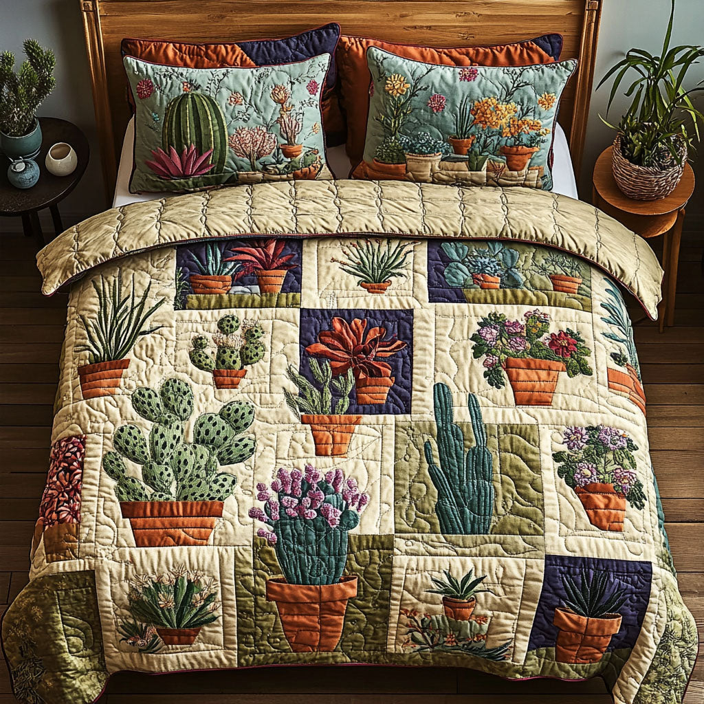 Greenhouse Whimsy Quilted Bedding Set Bed Decorations Gifts For Cactus Lovers