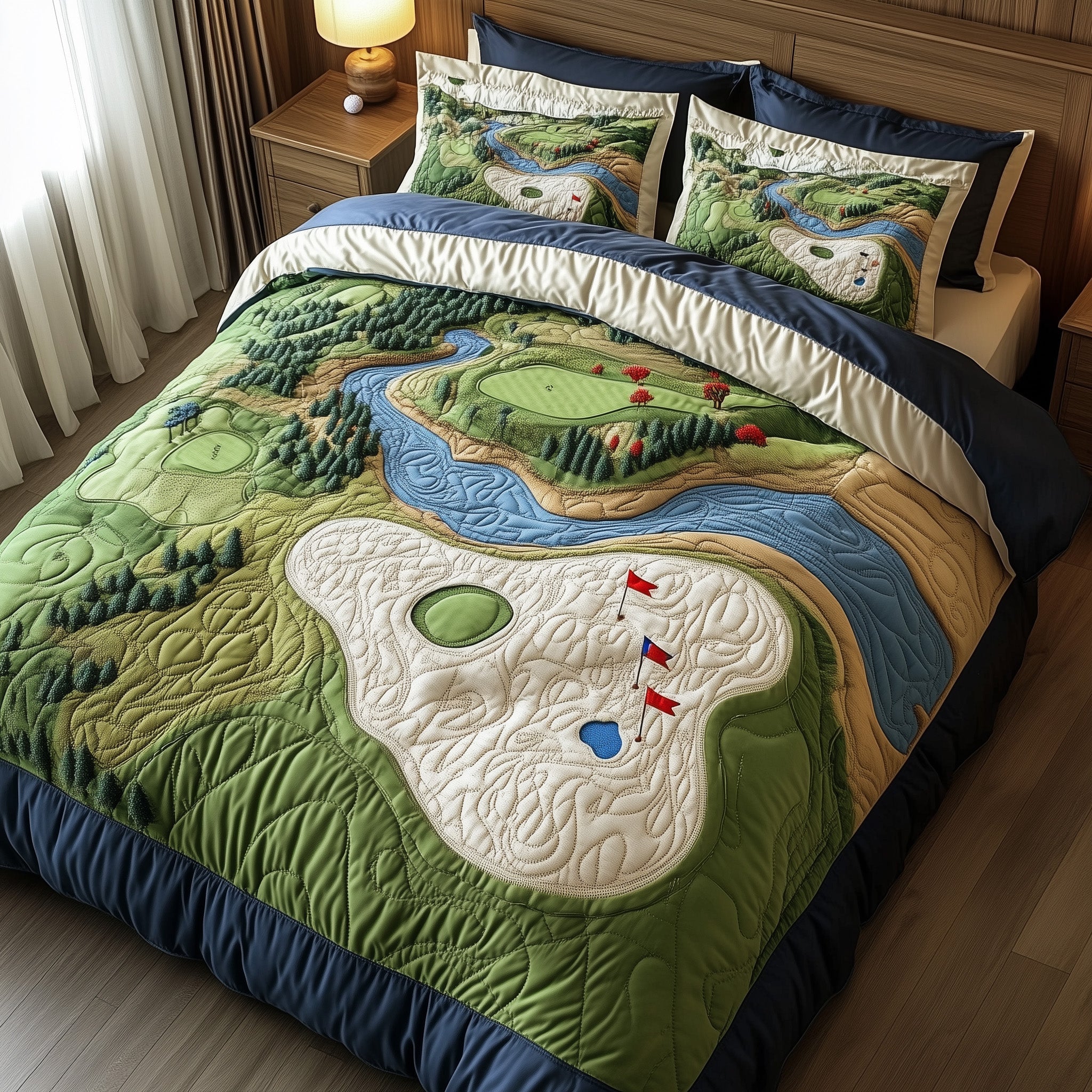 Greenside Fairway Quilted Bedding Set Duvet Cover Merchandise Gifts For Male Golfers
