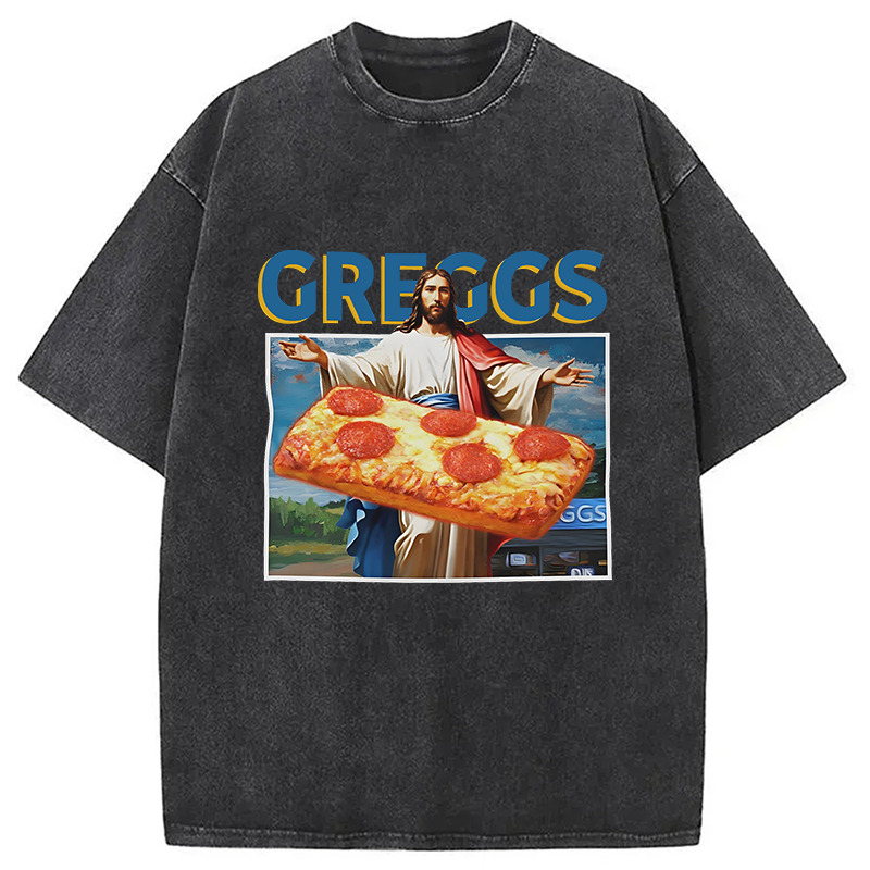 Greggs Pizza Meme Washed T-Shirt Minimal Retro Graphic Clothing Gifts For Sister