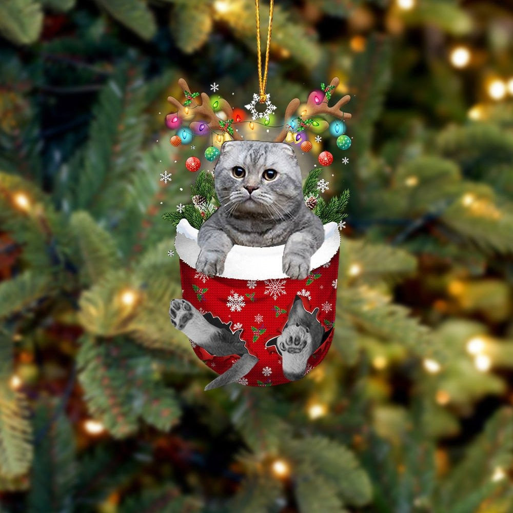 Grey Cat In Snow Pocket Christmas Ornament Flat Acrylic Cat Ornaments