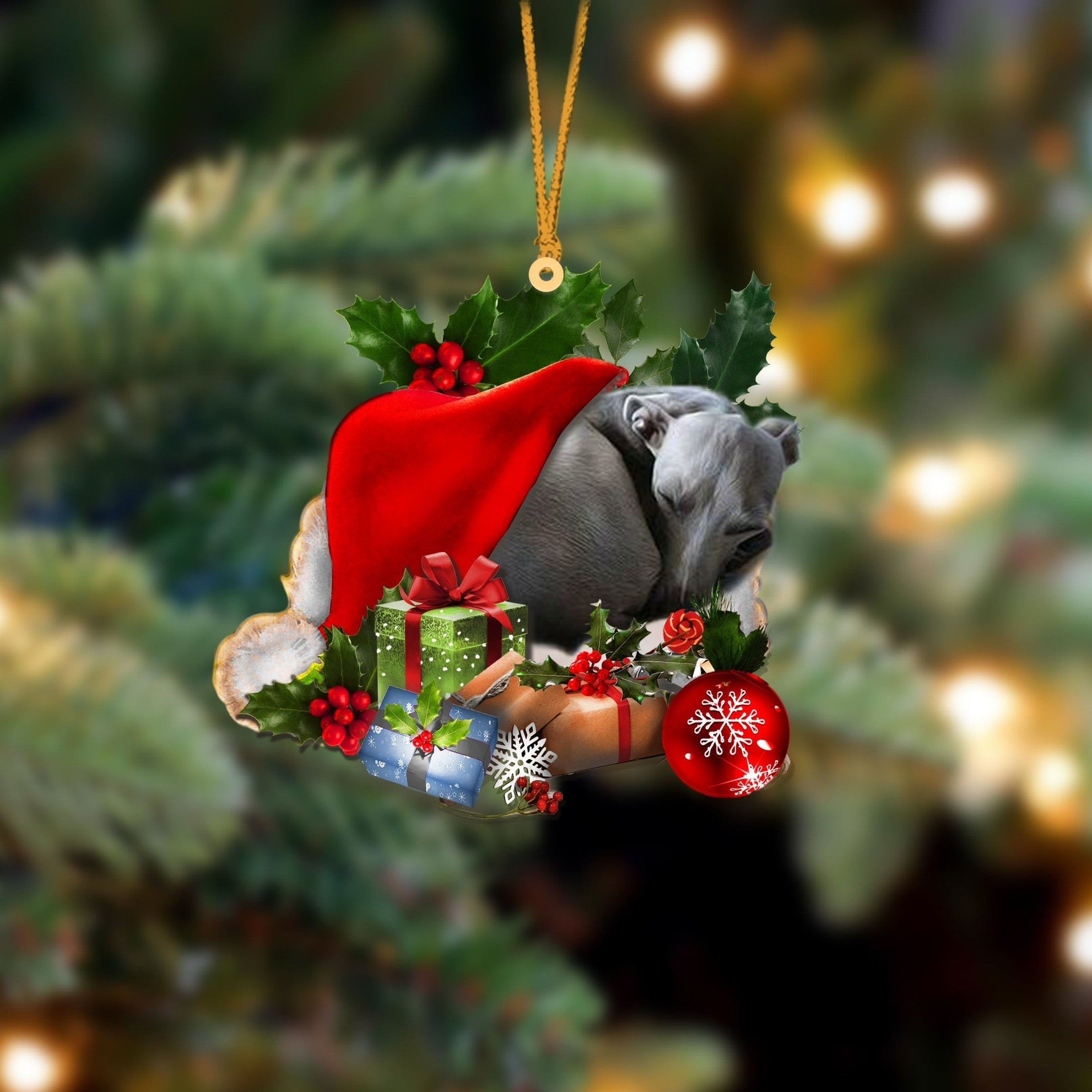 Greyhound Sleeping In Hat Christmas Ornament Two Sided