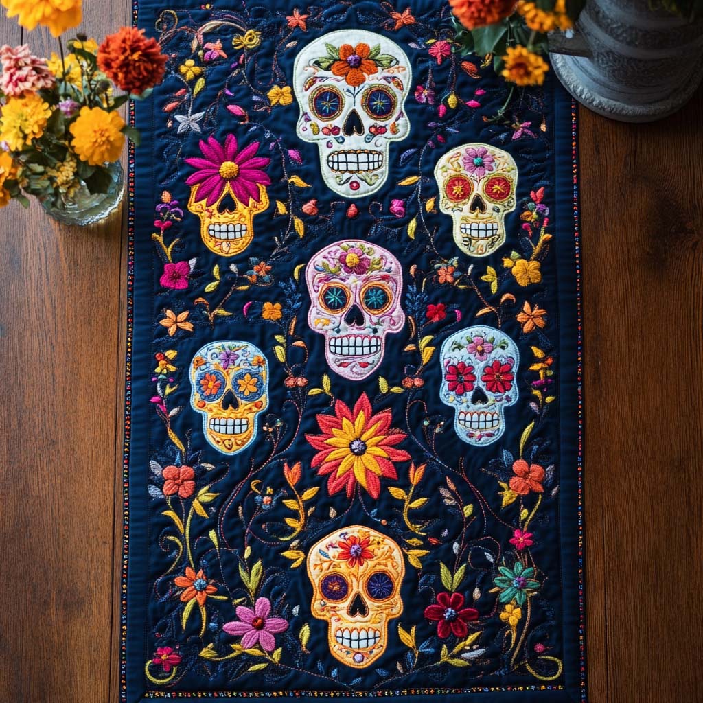 Grim Romance Quilted Table Runner Sugar Skull Table Runner Best Family Gifts