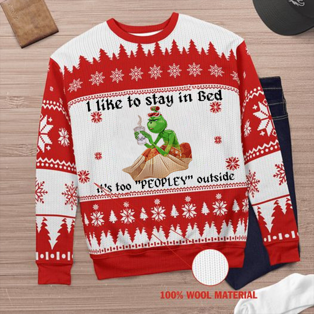 Grinch I Like To Stay In Bed Red Christmas Ugly Sweater Funny Christmas Sweaters Gift Ideas