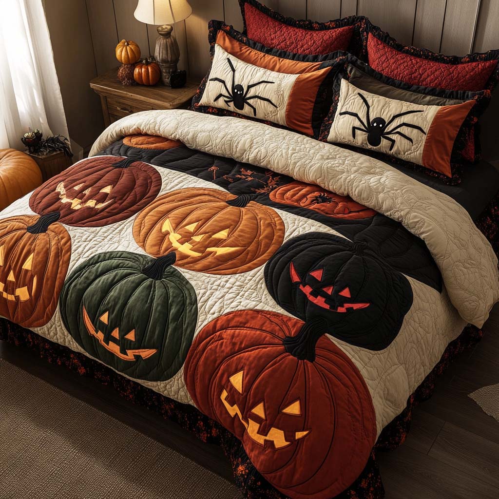 Grinning Pumpkins Quilted Bedding Set Halloween Bedding Sets Best Gifts For Family