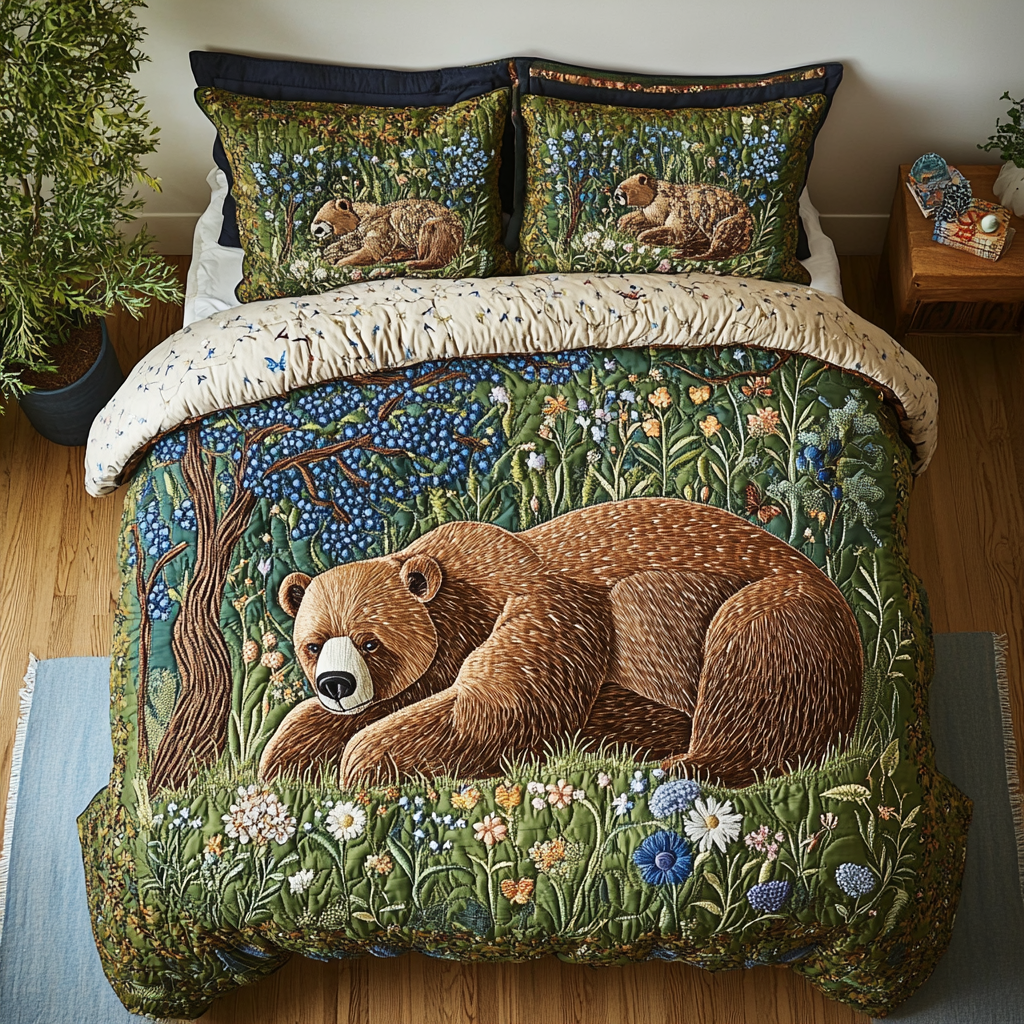 Grizzly Calm Quilted Bedding Set Cute Room Decor Bear Themed Gifts
