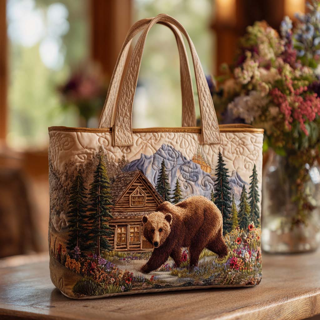 Grizzly Forest Scene Quilted Tote Bag Unique Bear Gifts