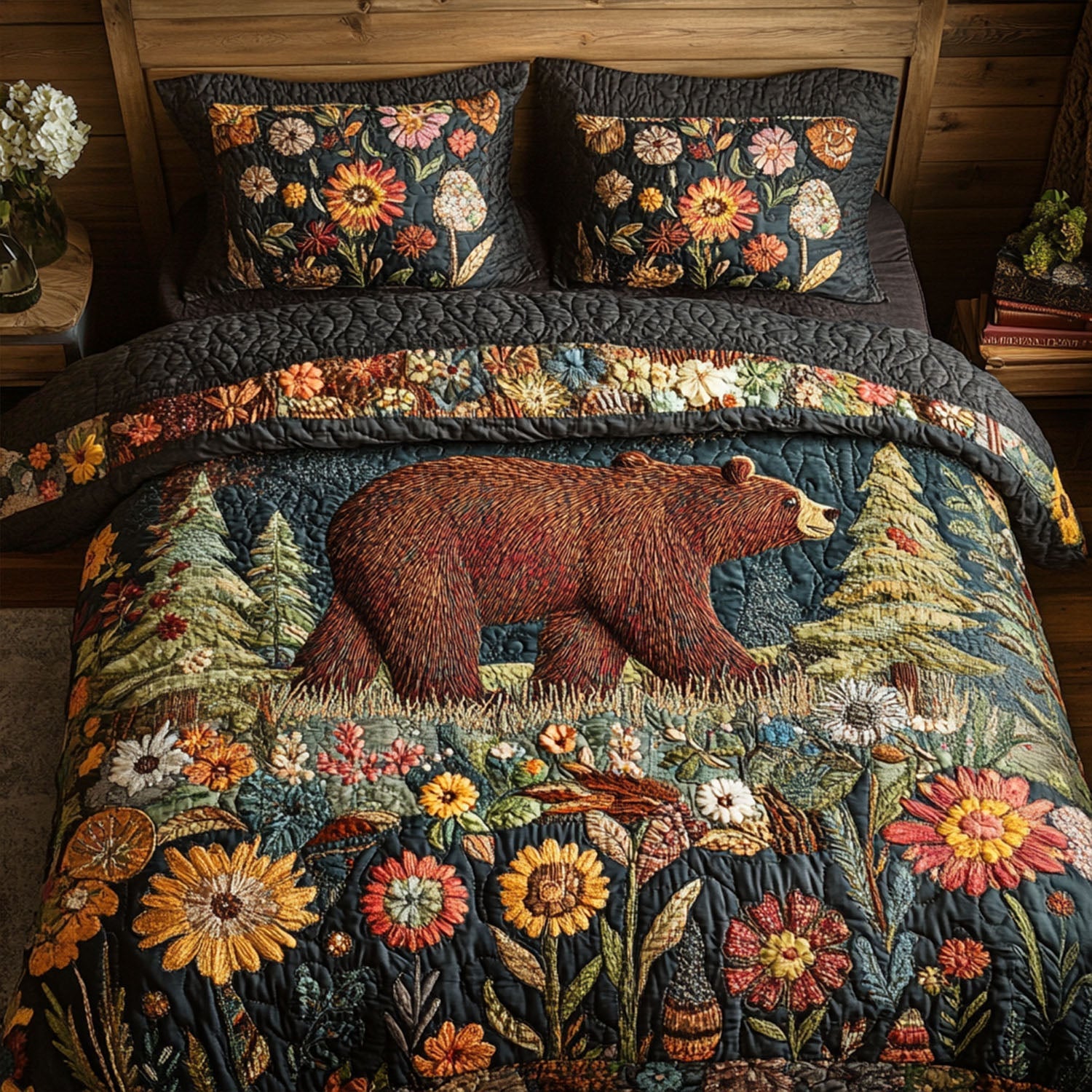 Grizzly Grove Quilted Bedding Set Bed Room Decoration Presents For Wildlife Lovers