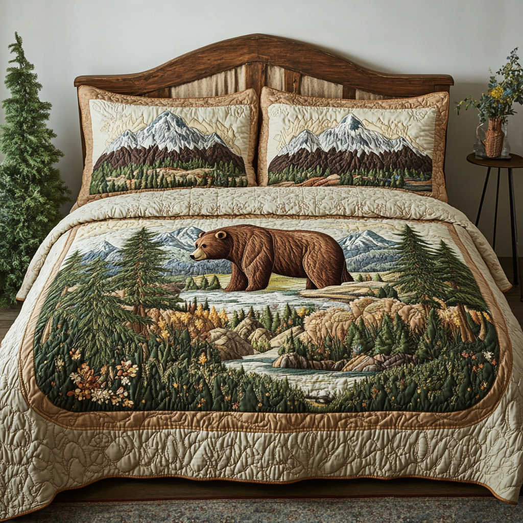 Grizzly Path Quilted Bedding Set Aesthetic Room Decor Best Gifts For Wildlife Lovers