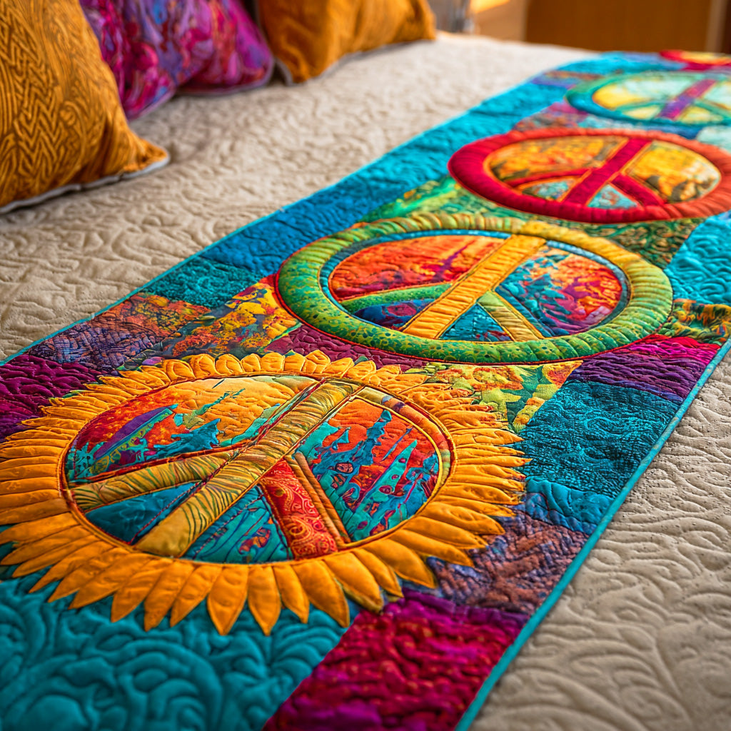 Groovy Bloom Quilted Bed Runner Cool Bedroom Decor Hippie Present Ideas