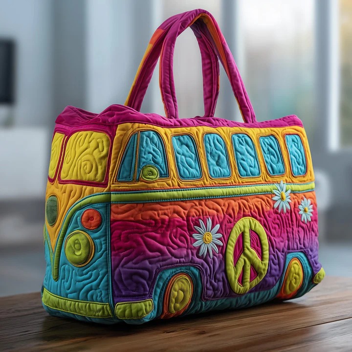 Groovy Hippie Bus Quilted Tote Bag Peace Love Bag Colorful Boho Gift For Women