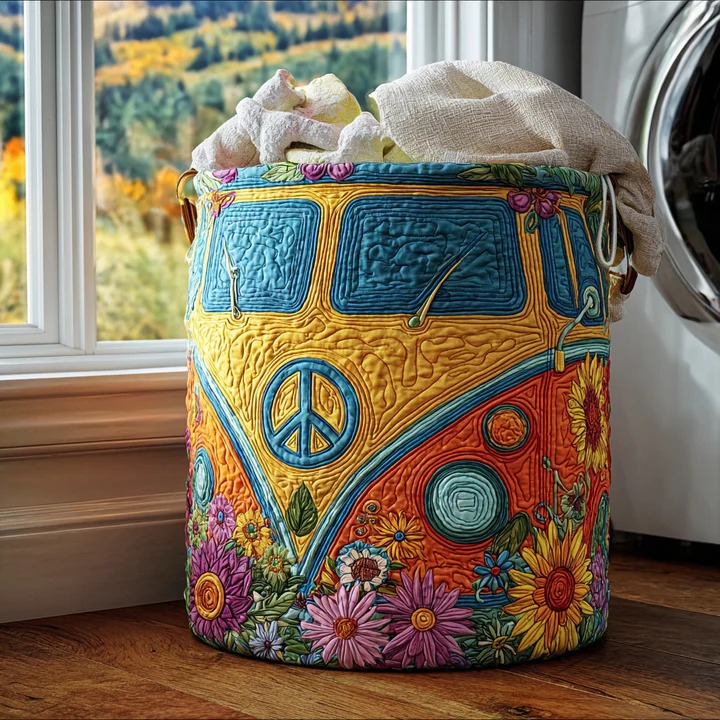Groovy Hippie Van Peace Sign Quilted Laundry Basket Retro Boho Decor Best Gift For Hippie Lovers