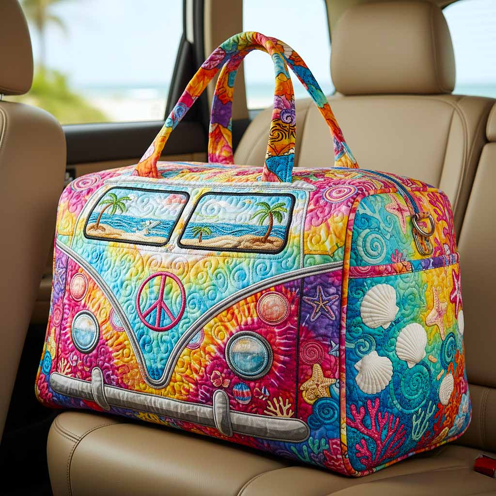 Groovy Hippie Van Quilted Duffle Bag Rainbow Tie Dye Beach Seashell Best Gift For Her