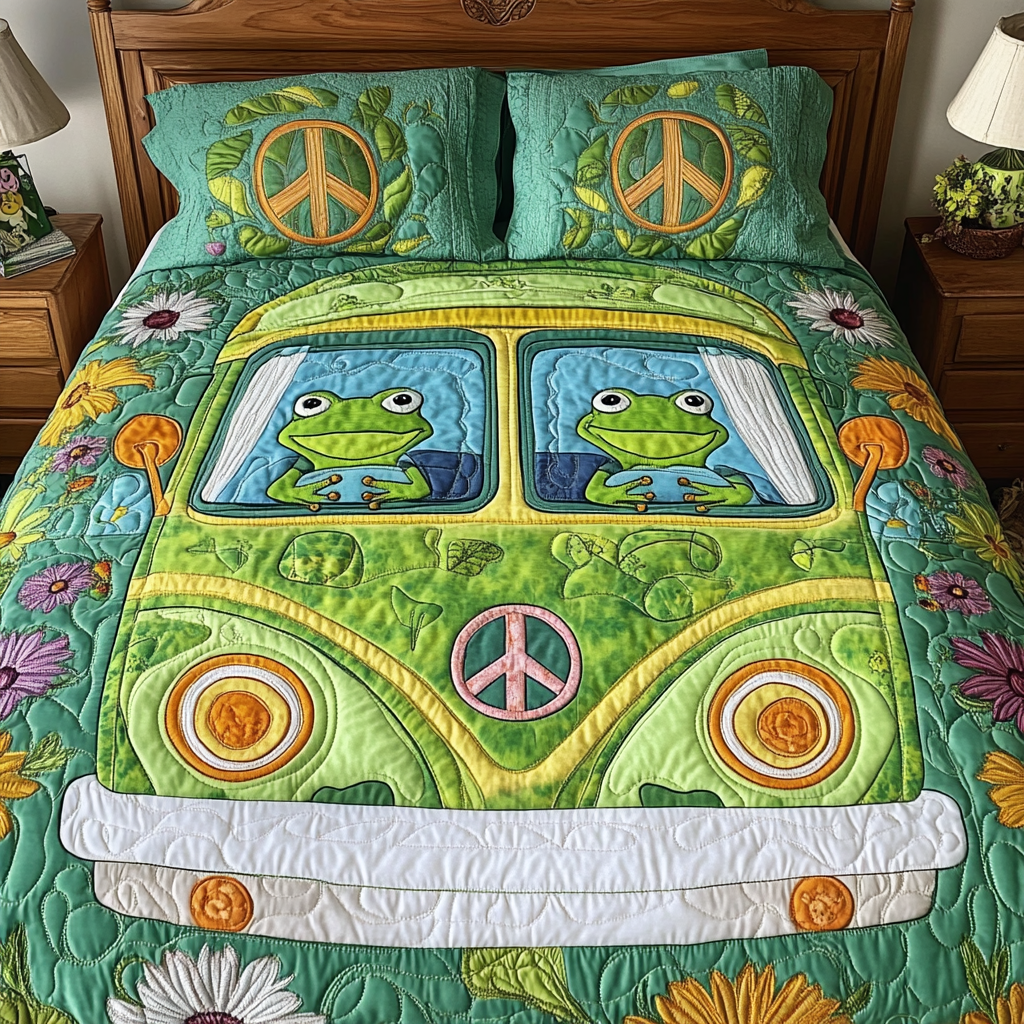 Groovy Leap Quilted Bedding Set Holiday Duvet Cover Set Cute Frog Themed Gifts