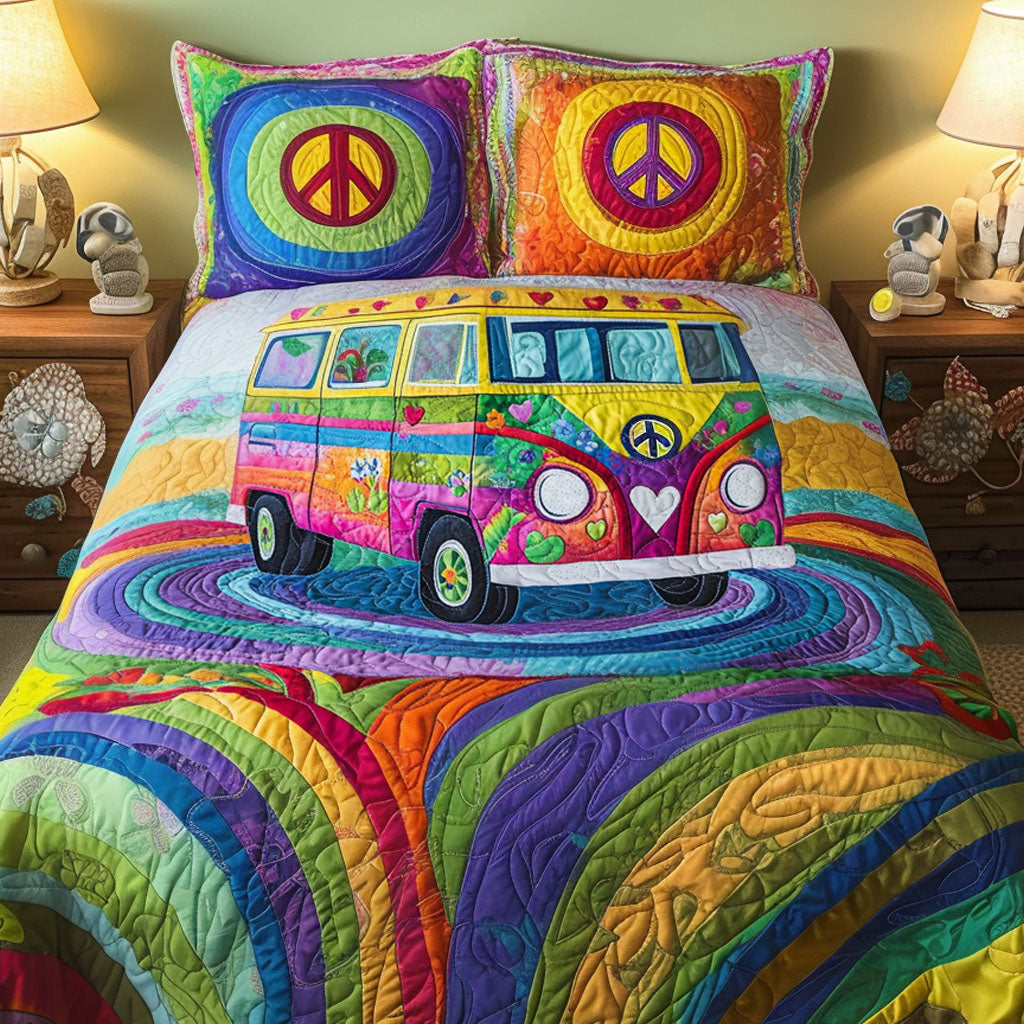 Groovy Love Bus Quilted Bedding Set Cool Bedroom Decor Best Gifts For Hippie Friends