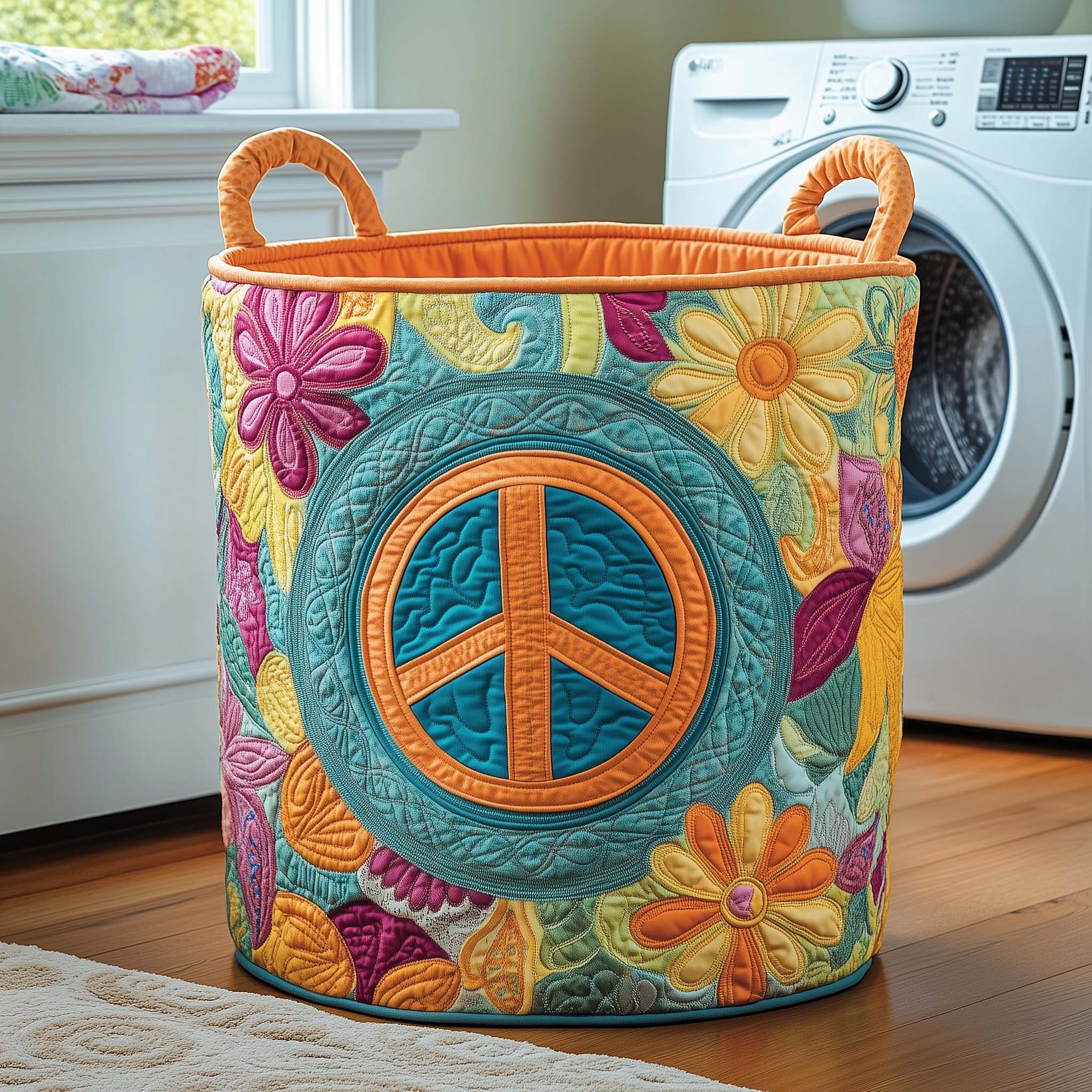 Groovy Meadow Quilted Laundry Basket Hippie Themed Modern Home Decor Mother's Day Presents