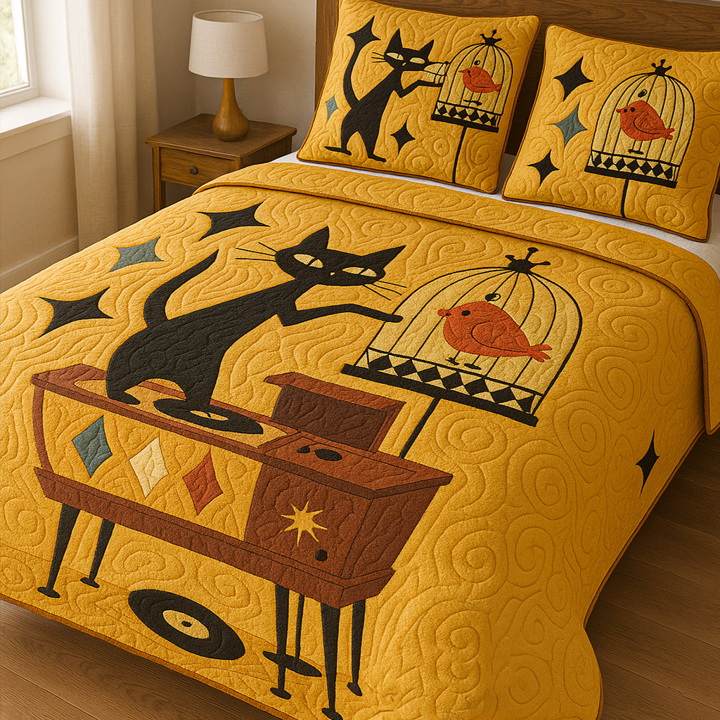 Groovy Mischief Quilted Bedding Set Aesthetic Room Decor Christmas Gifts For Cat Owners