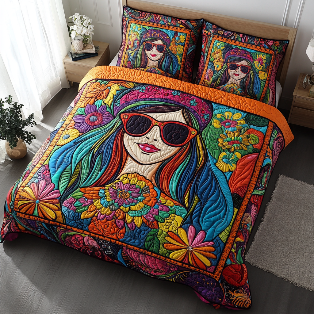 Groovy Muse Quilted Bedding Set Holiday Season Duvet Cover Set Hippie Style Gifts